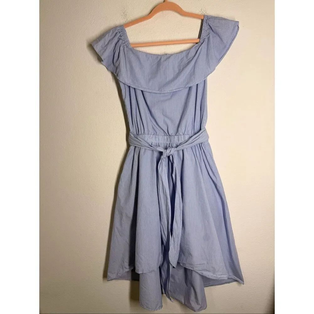 Saks Fifth Avenue Blue Striped Off Shoulder Dress Belted High Low Cotton Size L - Picture 3 of 16